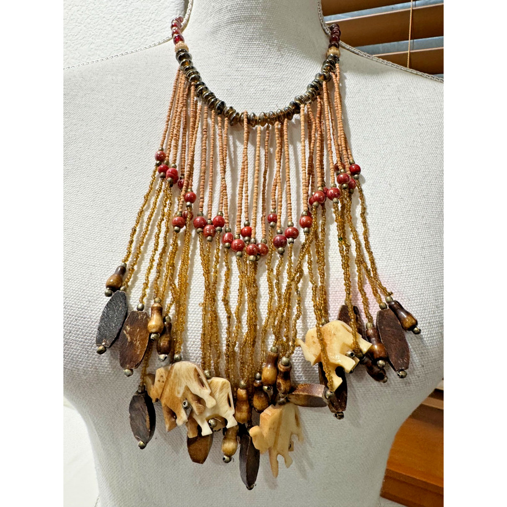 Vtg Carved Dangle Beaded Elephant Necklace Boho Tassel Tribal Ethnic Bib